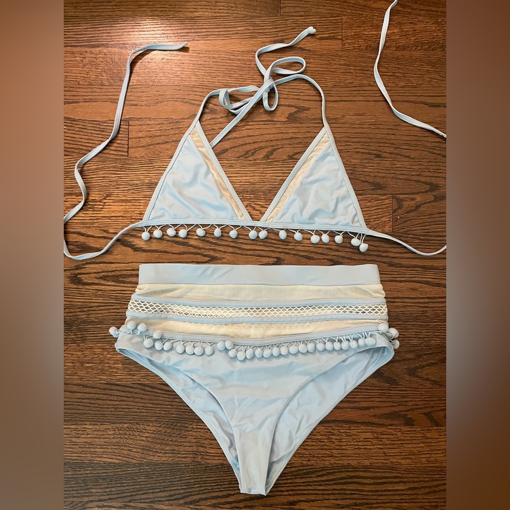 Tularosa Swim, Nina Top and Thessy Bottom in Light Blue, High Waisted Bikini